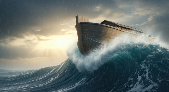 Wooden vessel surviving the great flood in stormy weather with rain and dark clouds