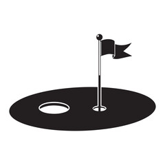 Black and white illustration of a golf hole with a flag