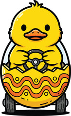 Cute yellow cartoon chick driving a decorated Easter egg car with a steering wheel.