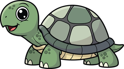 Happy green cartoon turtle character with a patterned shell and big cute eyes.