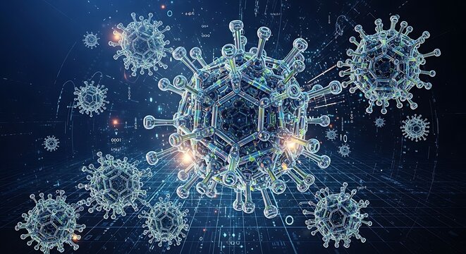Detailed 3D Rendering of Coronavirus Particles with Glowing Highlights.