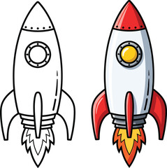Red and white cartoon rocket ship launching with a fiery exhaust and a yellow porthole window. © Alisya Design