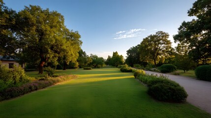 Fototapeta premium Lush green park landscape at golden hour with mature trees and a gravel path under a clear blue sky