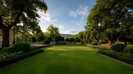 Fototapeta premium A manicured park lawn bathed in golden hour sunlight with lush trees and flower beds under a clear blue sky