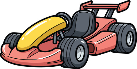 Red cartoon racing gokart with a yellow nose cone black seat and a large rear spoiler.