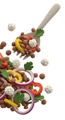 Colorful clay food art with lentils and vegetables spilling from a wooden spoon.