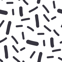 Small dash monochrome seamless pattern. Black and white sprinkles background. Simple confetti repeated wallpaper. Short lines vector surface design. Simple repeat spots illustration print design.