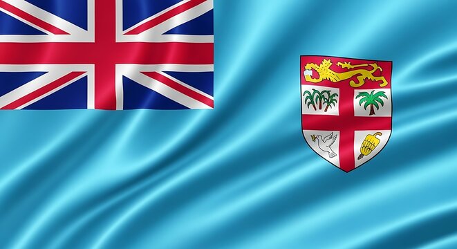 Waving Flag of Fiji with Union Jack and Coat of Arms national symbol country