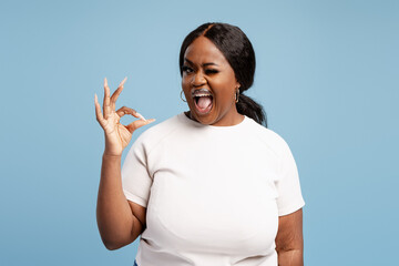 Happy, beautiful African American woman showing ok sign winking posing isolated on blue background