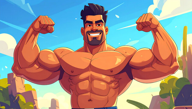 A muscular cartoon man with a beard smiles confidently while flexing his biceps outdoors.
