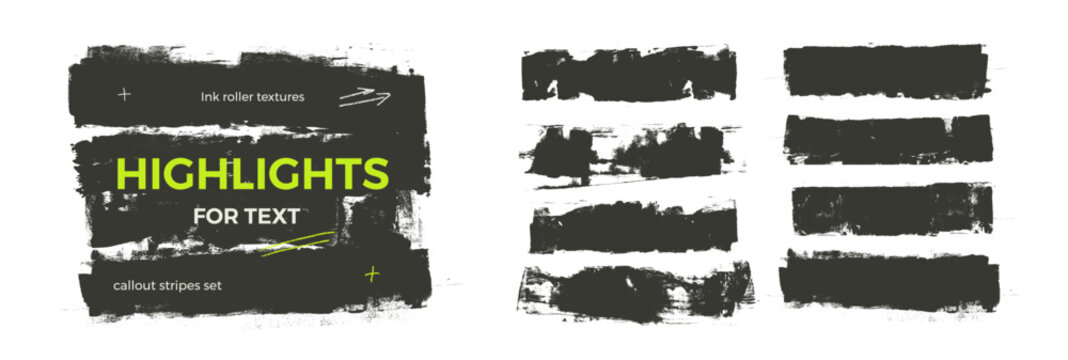 Grunge textured highlights for text boxes. Brush stroke thick lines. Black ink hand drawn shapes for highlight and underline quotation, Promotion badge bold straight stripe. Vector wide emphasis line.