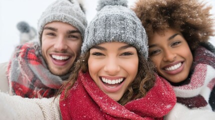 A vibrant group of diverse friends smiles brightly while bundled in cozy scarves and hats, enjoying a fun winter day filled with laughter and snowflakes in a lively city park