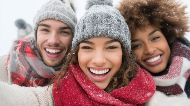 A vibrant group of diverse friends smiles brightly while bundled in cozy scarves and hats, enjoying a fun winter day filled with laughter and snowflakes in a lively city park