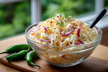 Spicy coleslaw salad with fresh jalapeno and red onion