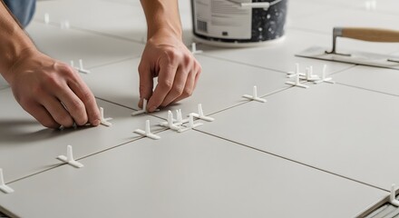 Laying ceramic tiles on the floor with tile spacers.