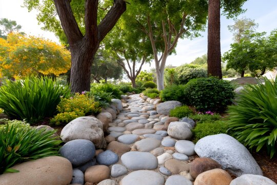 Garden path featuring river stones and lush green landscaping