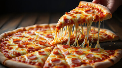 Delicious Pepperoni Pizza Slice Being Lifted with Cheesy Goodness on a Rustic Wooden Table, Showcasing Italian Culinary Art and the Joy of Sharing a Meal with Friends