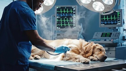 Veterinarian Examining Golden Retriever Dog on Operating Table with Monitoring Equipment in a Sterile Environment