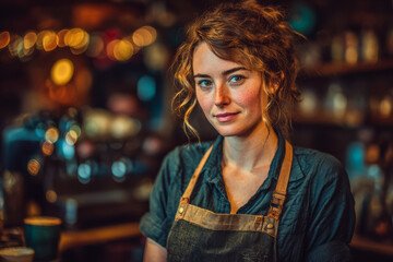 Barista smiles while serving coffee in a cozy cafe during morning hours in a bustling city