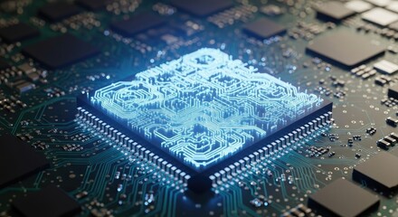 Close-up of a glowing computer processor on a circuit board.