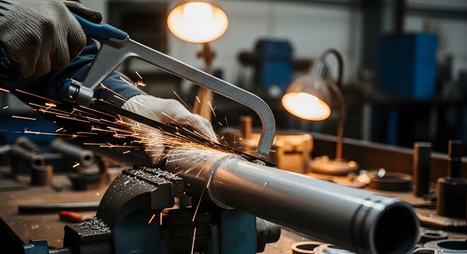 Metalworker sawing a metal pipe in a workshop with sparks flying.