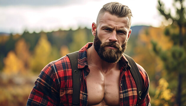 A rugged, bearded man with a muscular physique wearing an open red plaid shirt in an autumn forest.
