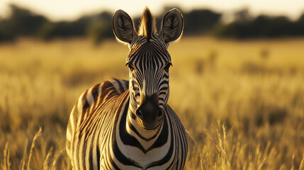 Naklejka premium Majestic Zebra Portrait Captures Golden Hour Serenity in African Savannah