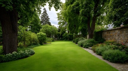 A vibrant green lawn stretches through a manicured garden surrounded by lush trees and flowering bushes with a stone wall in the background