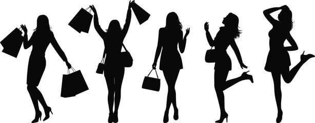 Set of black silhouettes of happy women with shopping bags posing, vector illustration isolated on white background, fashion retail concept