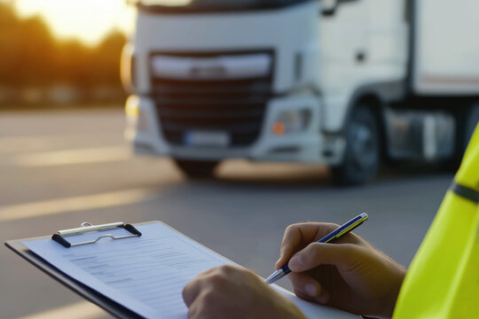 Worker writing checklist in front of delivery truck
