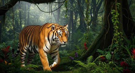 Powerful tiger prowling through lush jungle foliage, perfect for wildlife documentaries and conservation campaigns, showcasing nature's beauty and raw strength in vibrant detail
