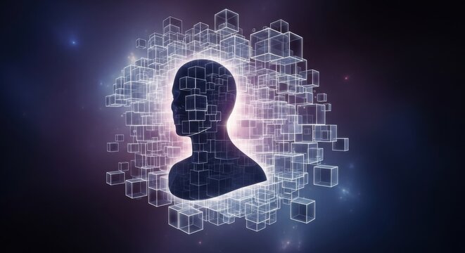 Digital Mind - Silhouette of a Head Surrounded by Cubes.