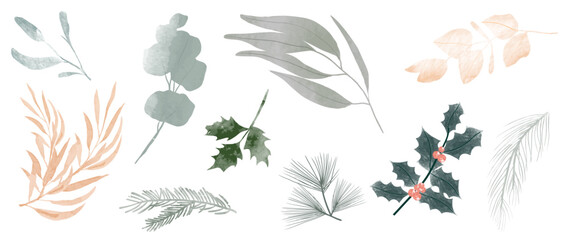 Fototapeta premium Christmas and Happy New Year botanical vector illustration set with soft watercolor eucalyptus, holly leaves and warm beige foliage — elegant holiday design for greeting cards and festive decor