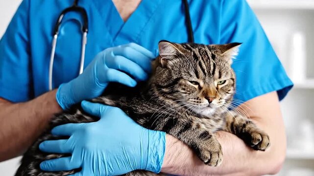 Veterinarian in blue scrubs examining tabby cat. Medical examination pet care animal health clinic domestic animal care treatment