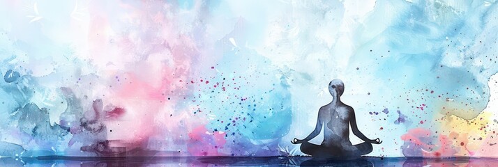 Serene meditation silhouette on world meditation day watercolor background. Horizontal banner. Copy space. International Day of Yoga. Watercolor illustration