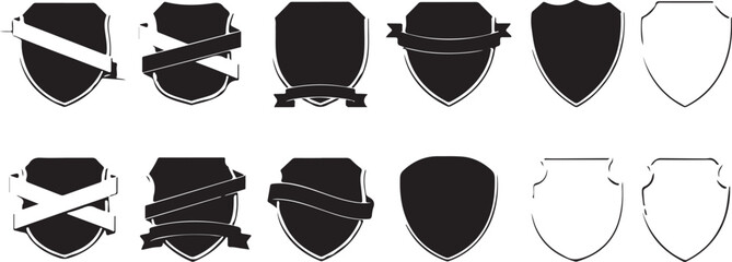 Collection of black and white shield shape emblem and banner icon set