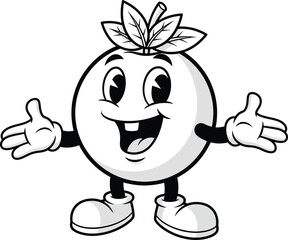 A cheerful black and white cartoon orange mascot with a big smile open arms and leaves on its head.