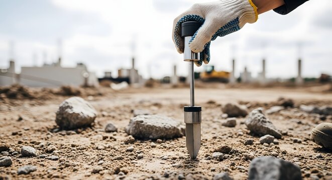 Soil sampling with a probe at a construction site.