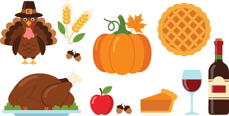 A comprehensive vector set of classic Thanksgiving and Autumn harvest elements, including a cartoon turkey, pumpkin pie, roasted dinner, wine, and festive decorations, perfect for holiday greetings an