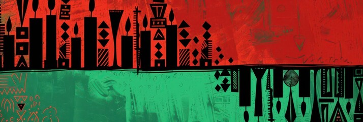 Fototapeta premium Vibrant Kwanzaa celebration art with traditional patterns and colors for festive decoration. Juneteenth freedom day. Horizontal banner. Copy space. Black History Month. Flat illustration