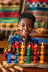 Joyful Kwanzaa celebration with child lighting kinara candles. Smiling African-American boy with burning candles. Annual celebration of African-American culture