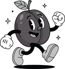 A cheerful vintage cartoon plum character with piecut eyes and white gloves striding forward.