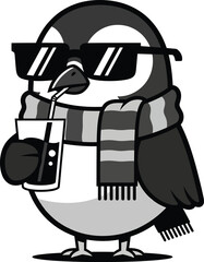 A cool black and white cartoon penguin wearing sunglasses and a striped scarf while sipping a drink.