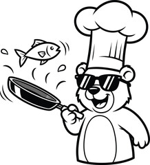 A cool cartoon bear chef in sunglasses and a toque happily flipping a fish with a frying pan.