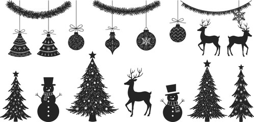 Black silhouette Christmas decorations and figures including trees ornaments reindeer and snowmen