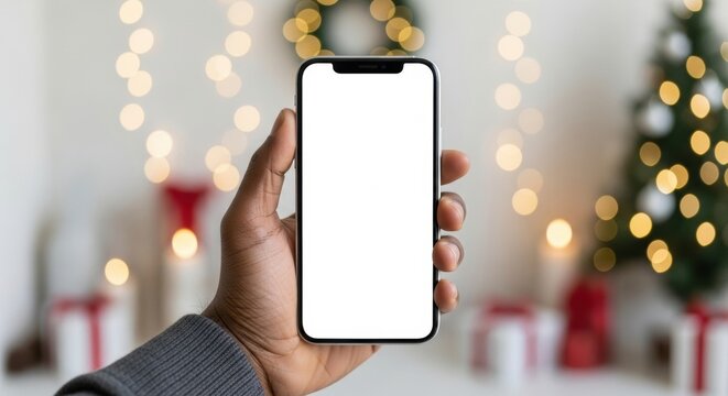Close up of hand holding phone with empty display in festive winter setting with bokeh