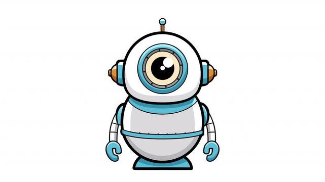 Robot with an eye. Animation of a robot focusing a lens and taking a photo, alpha channel. Cartoon