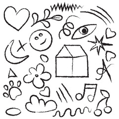 Black hand-drawn doodle icons for creative design. Playful collection of sketchy doodles including shapes, symbols, and cute icons, perfect for artistic projects, backgrounds, or children’s design
