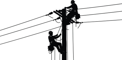 Utility workers climbing power pole, electrical line maintenance, silhouette safety gear, skilled labor infrastructure, dangerous job, teamwork, 