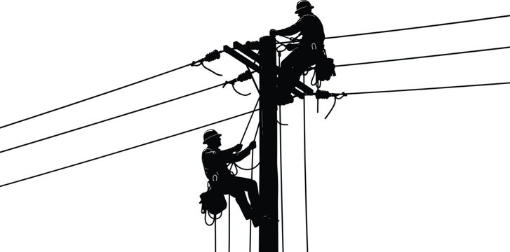 Utility workers climbing power pole, electrical line maintenance, silhouette safety gear, skilled labor infrastructure, dangerous job, teamwork, 